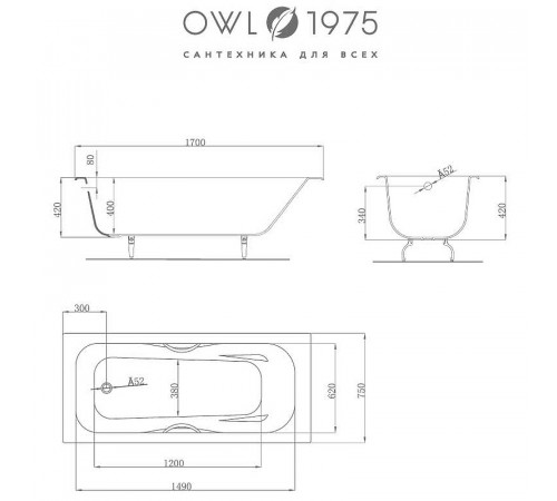 Чугунная ванна Owl 1975 Bjorn 170x75 OWLIB191107 с ручками без антискользящего покрытия