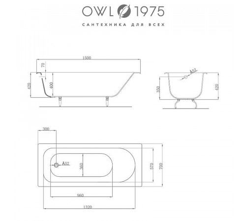 Чугунная ванна Owl 1975 Roxen 150x70 OWLIB191100 без антискользящего покрытия