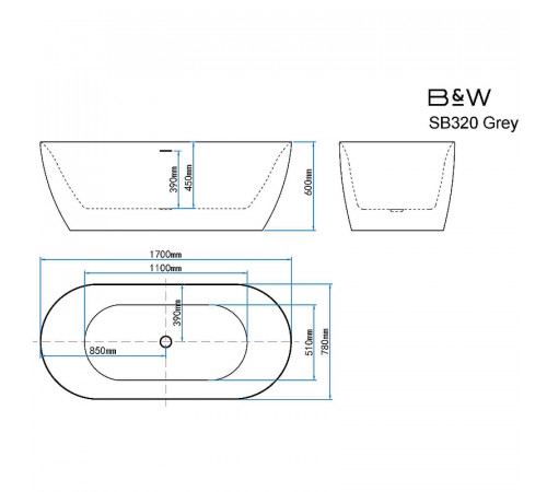 Акриловая ванна Black&White Swan SB320 Grey 170x78 320SBGR Серая матовая Белая глянцевая  без гидромассажа