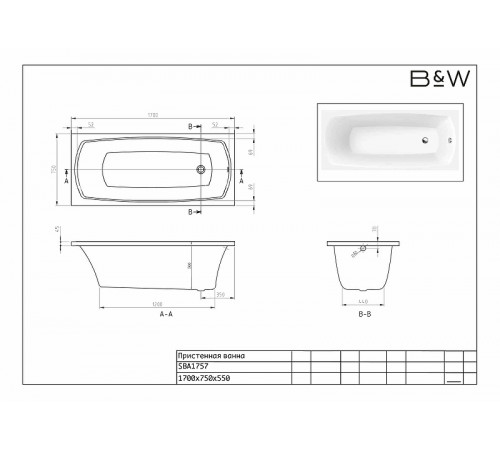Акриловая ванна Black&White Swan SBA 1757 170x75 1757SBA0 без гидромассажа