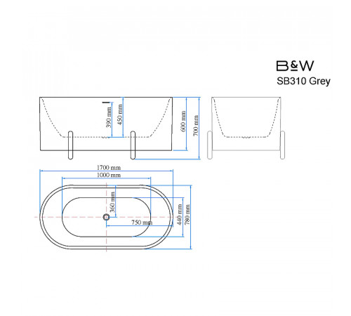 Акриловая ванна Black&White Swan SB310 Grey 170x78 310SBGR Серая матовая Белая глянцевая  без гидромассажа