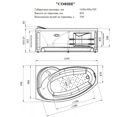 Акриловая ванна Radomir Vannesa София 169х99 L 2-76-2-1-0-223 с гидромассажем Баланс Хром