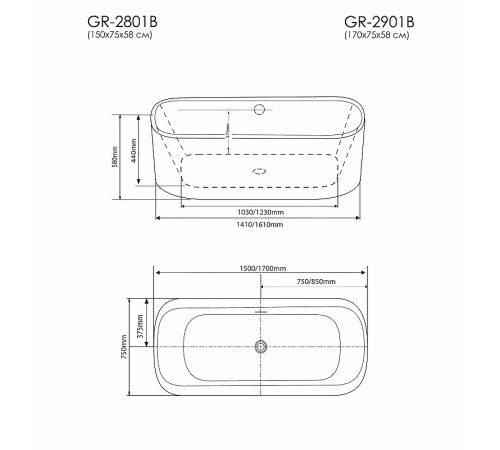 Акриловая ванна Grossman Forta 150x75 GR-2801B без гидромассажа