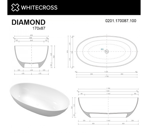 Ванна из искусственного камня Whitecross Diamond 170x87 0201.170087.100 Белая глянцевая без гидромассажа