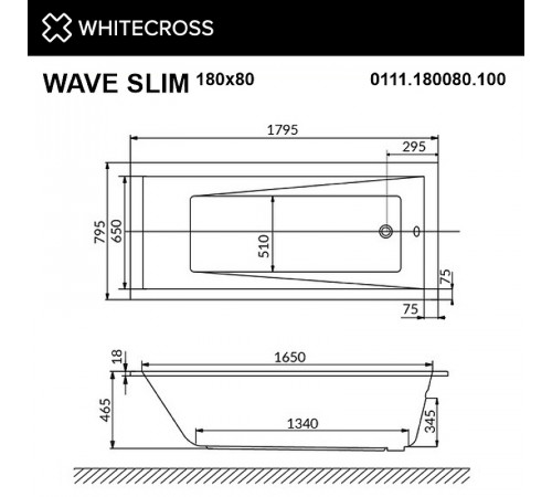 Акриловая ванна Whitecross Wave Slim 180x80 0111.180080.100.RELAX.CR с гидромассажем