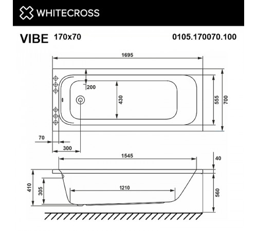 Акриловая ванна Whitecross Vibe 170x70 0105.170070.100.RELAX.BR с гидромассажем