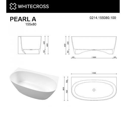 Ванна из искусственного камня Whitecross Pearl A 155x80 0214.155080.100 Белая глянцевая