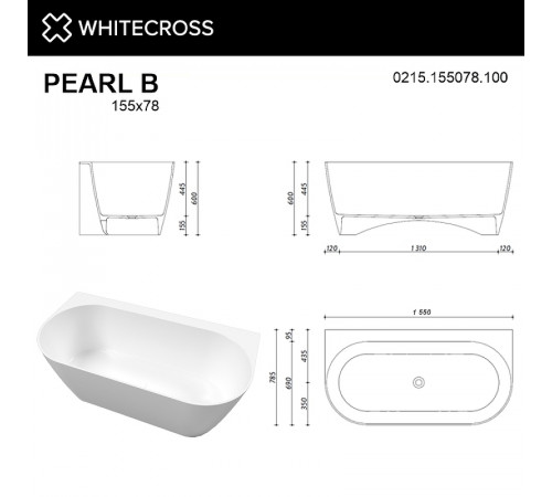 Ванна из искусственного камня Whitecross Pearl B 155x78 0215.155078.100 Белая глянцевая