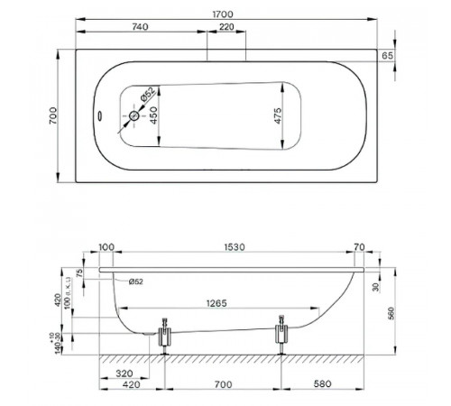 Стальная ванна Bette Form 170x70 2945-000 AD AS с шумоизоляцией и антискользящим покрытием