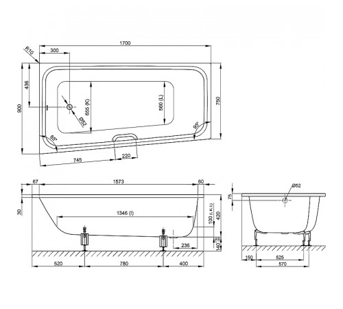 Стальная ванна Bette Space M 170x90 L 1131-000 с шумоизоляцией