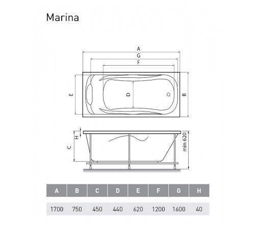 Акриловая ванна Relisan Marina 170x75 Гл000008874 без гидромассажа