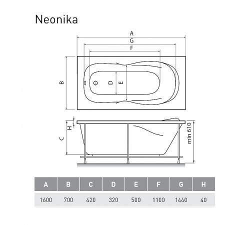 Акриловая ванна Relisan Neonika 160x70 Гл000000977 без гидромассажа