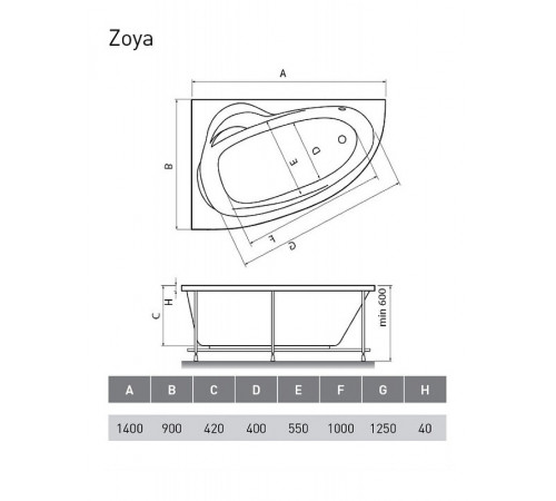 Акриловая ванна Relisan Zoya 140x90 L Гл000001247 без гидромассажа