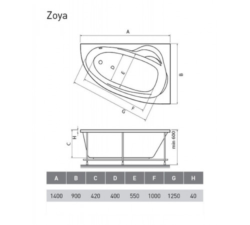 Акриловая ванна Relisan Zoya 140x90 R Гл000001248 без гидромассажа