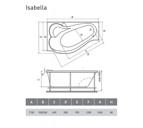 Акриловая ванна Relisan Isabella 170х90 L Гл000010529 без гидромассажа