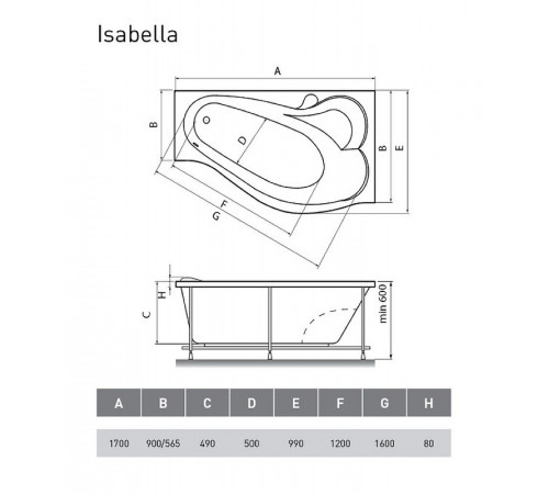 Акриловая ванна Relisan Isabella 170х90 R Гл000010530 без гидромассажа