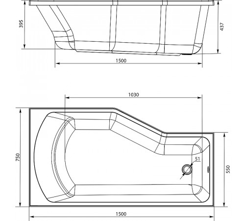 Акриловая ванна STWORKI Кронборг 150x75 R без гидромассажа