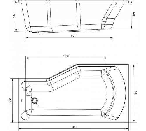 Акриловая ванна STWORKI Кронборг 150x75 L без гидромассажа