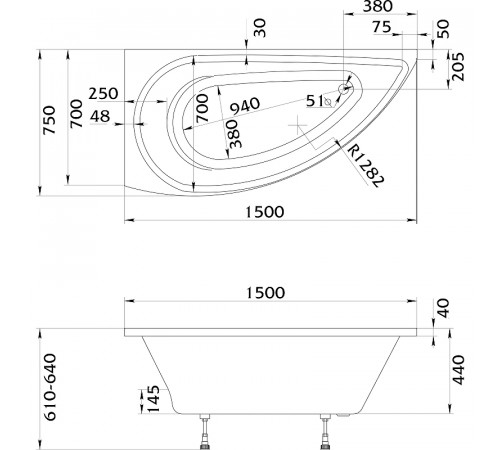 Акриловая ванна STWORKI Лунд 150x75 L без гидромассажа