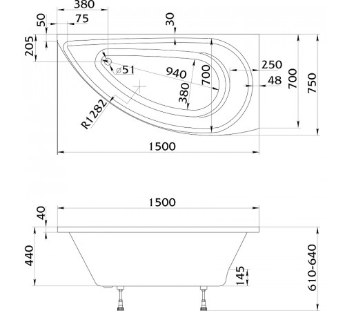 Акриловая ванна STWORKI Лунд 150x75 R без гидромассажа