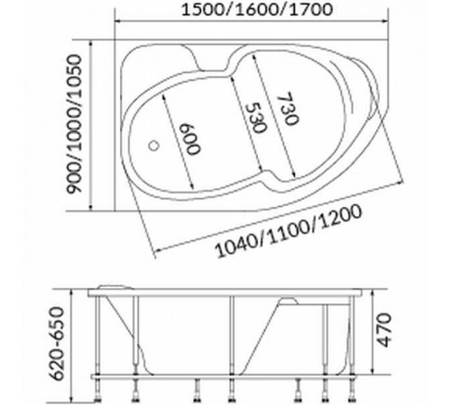 Акриловая ванна 1MarKa Diana 160x100 R 01ди1610п без гидромассажа