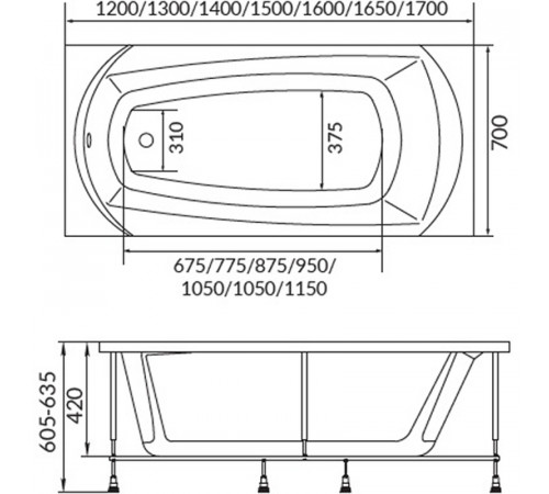 Акриловая ванна 1MarKa Elegance 150х70 01эл1570 без гидромассажа