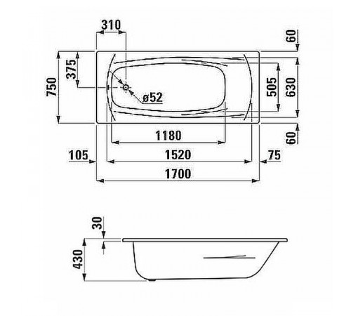 Стальная ванна Laufen Palladium 170x75 2.2511.3.000.040.1 без антискользящего покрытия