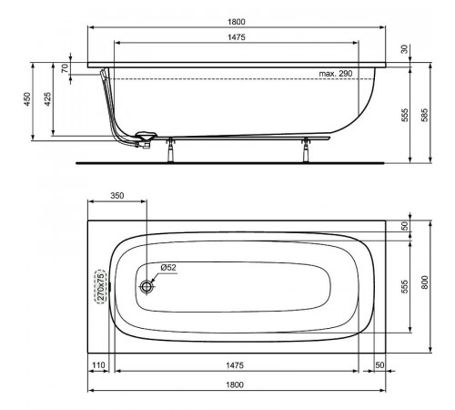 Акриловая ванна Ideal Standard I.Life 180x80 T476201 без гидромассажа