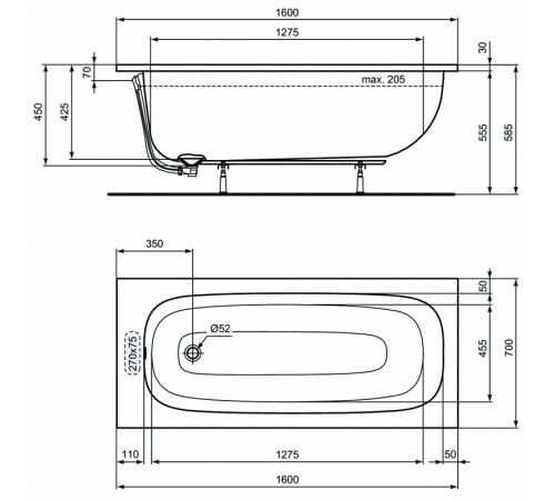 Акриловая ванна Ideal Standard I.Life 160x70 4в1 PT475867 без гидромассажа, с ножками, панелью и крепежом