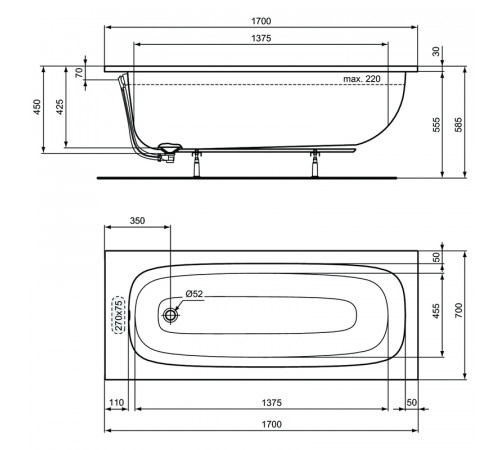 Акриловая ванна Ideal Standard I.Life 170x70 2в1 NT475967 без гидромассажа, с ножками