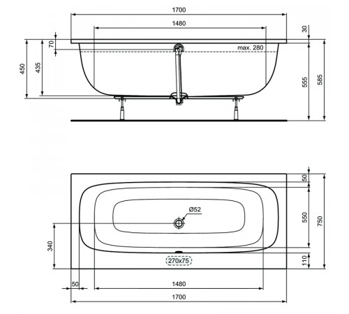 Акриловая ванна Ideal Standard I.Life Duo 170x75 2в1 NT476367 без гидромассажа, с ножками