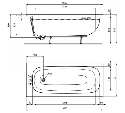 Акриловая ванна Ideal Standard I.Life 160x70 T475801 без гидромассажа