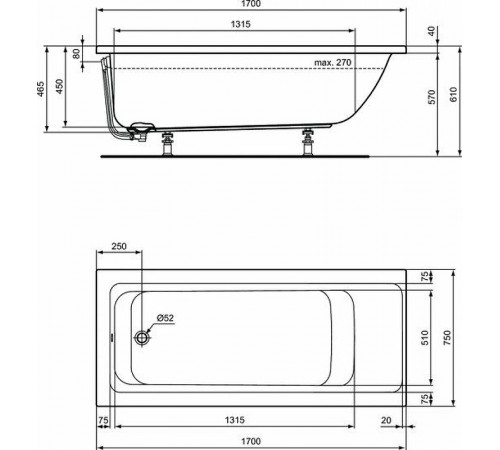 Акриловая ванна Ideal Standard Connect Air 170х75 E106401 без гидромассажа