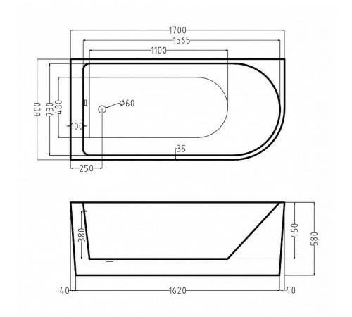 Акриловая ванна Esbano Afina 170x80 R ESVAAFINR без гидромассажа