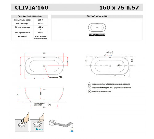 Ванна из искусственного камня Gruppo Treesse Clivia 160x75 V446BL без гидромассажа