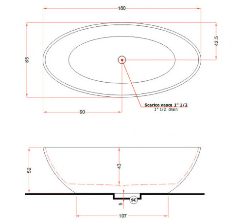 Ванна из искусственного камня Gruppo Treesse Carezza 180x85 V308BL без гидромассажа