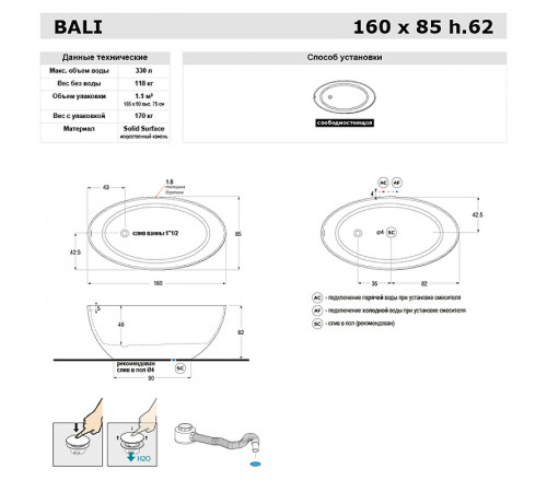 Ванна из искусственного камня Gruppo Treesse Bali 160x85 V026BO без гидромассажа