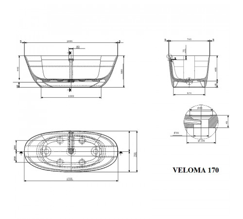 Ванна из искусственного камня Plumberia Selection VELOMA 170BO 170x75 Белая матовая без гидромассажа