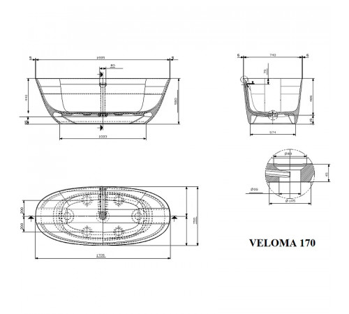 Ванна из искусственного камня Plumberia Selection VELOMA 170BN 170x75 Белая матовая Черная без гидромассажа