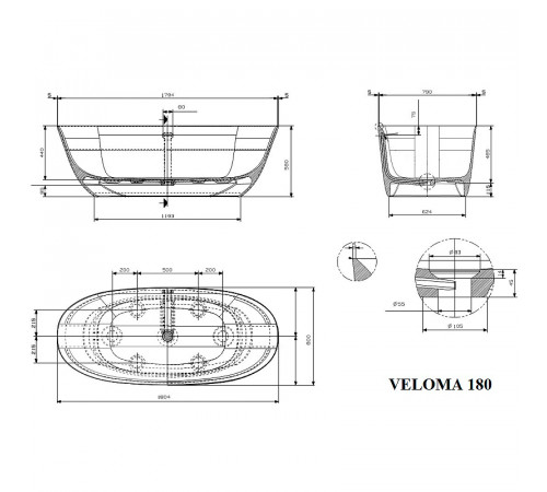 Ванна из искусственного камня Plumberia Selection VELOMA 180BO 180x80 Белая матовая без гидромассажа